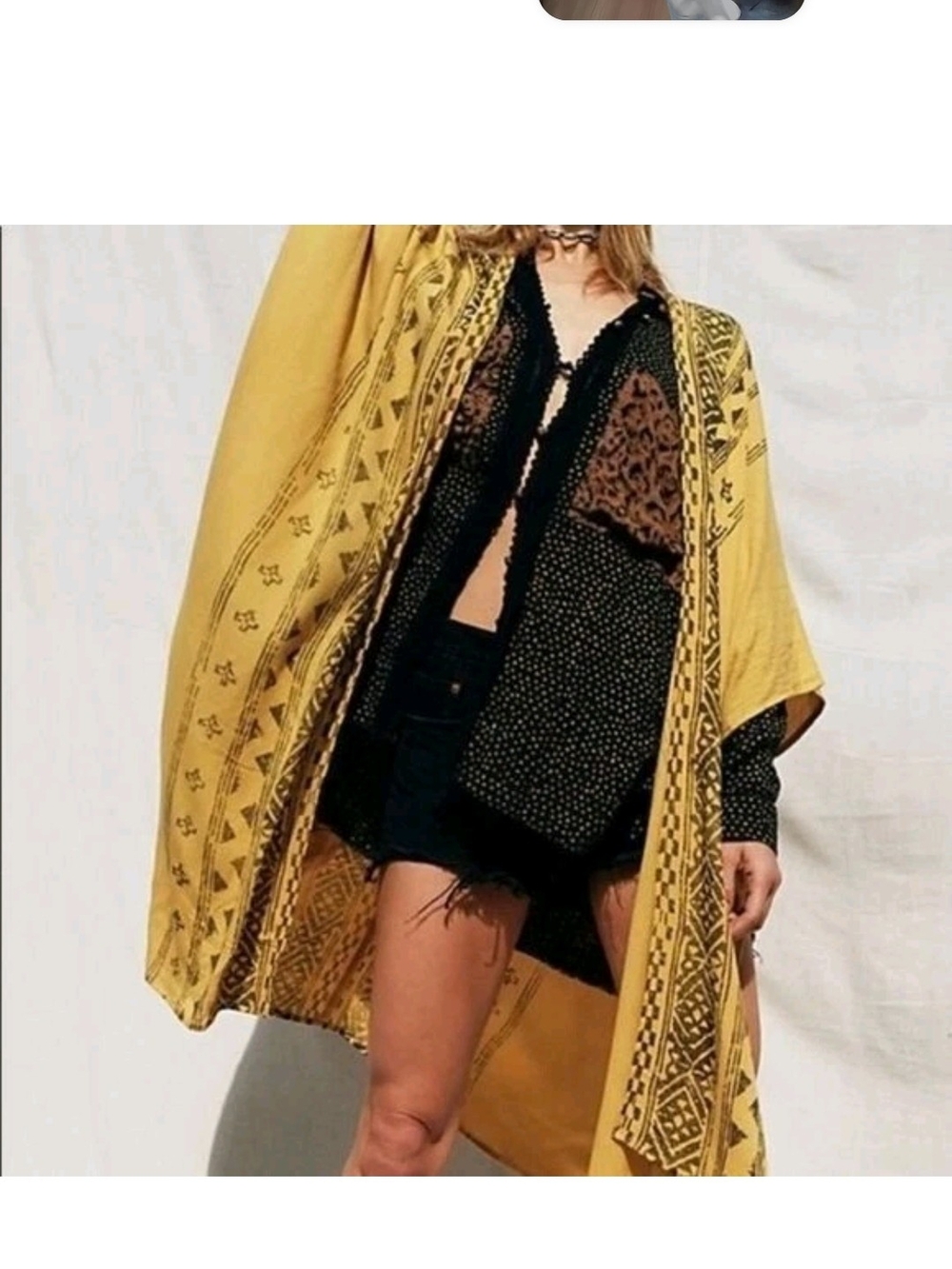 Free People x All Tous Kimono Duster Shawl Mustard Black Boho Tribal Aztec OS